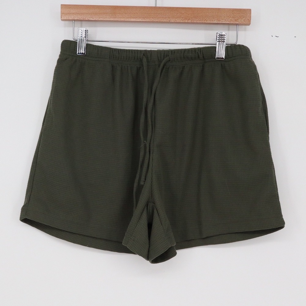 Ekouaer Shorts Womens L Lounge Olive Green Waffle Knit Drawstring Excellent
